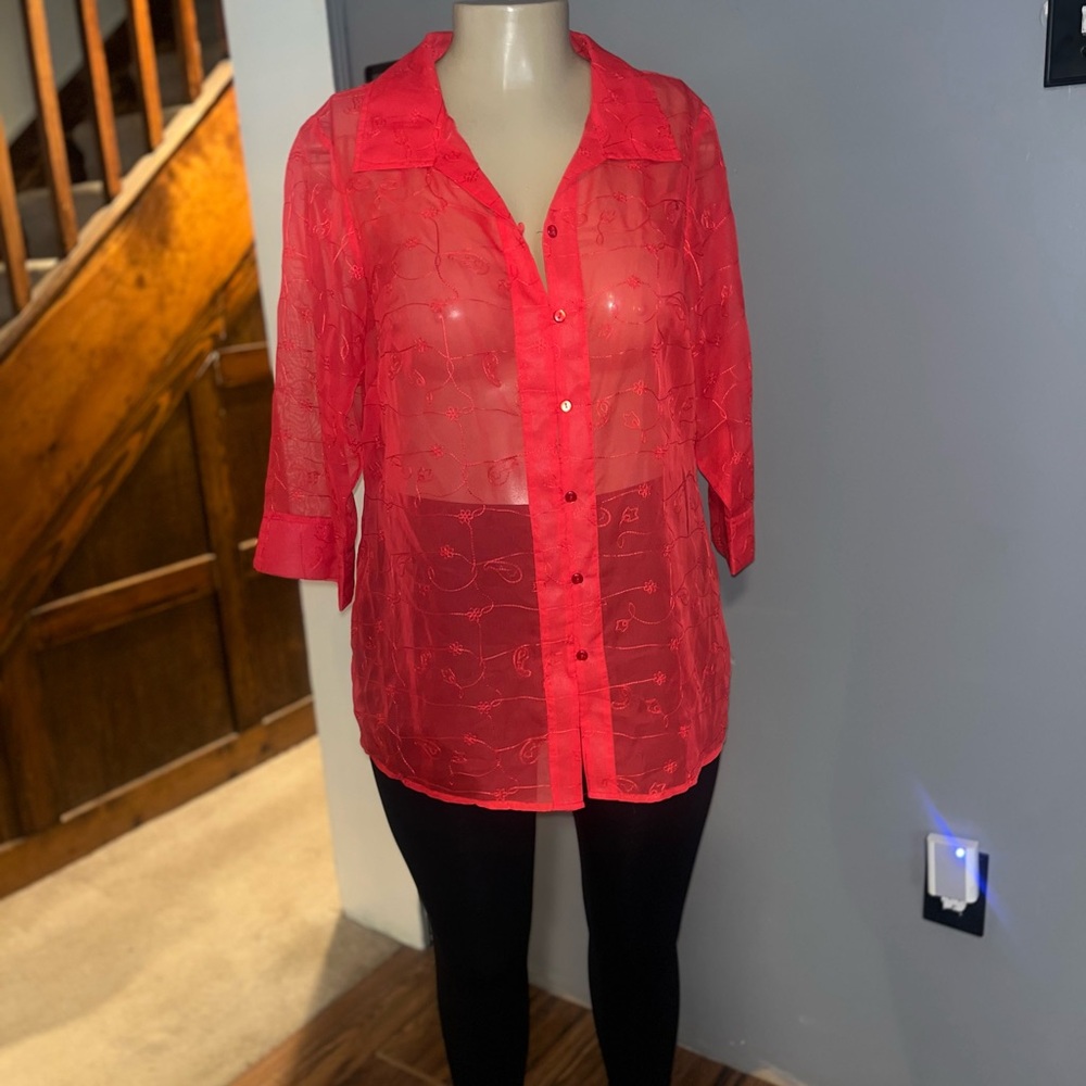 White Stag Women's Sheer Red Button-Up Blouse - 16W